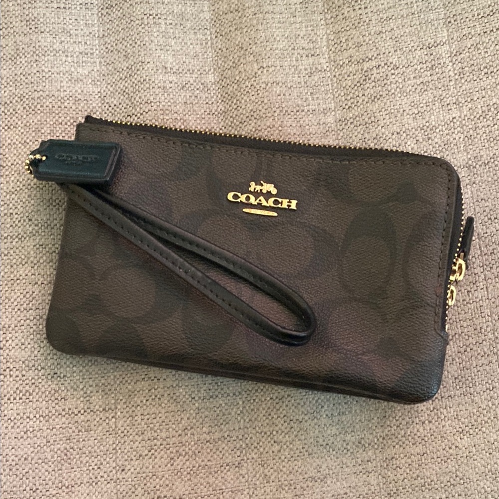Coach Dark Brown Wristlet with Gold Details